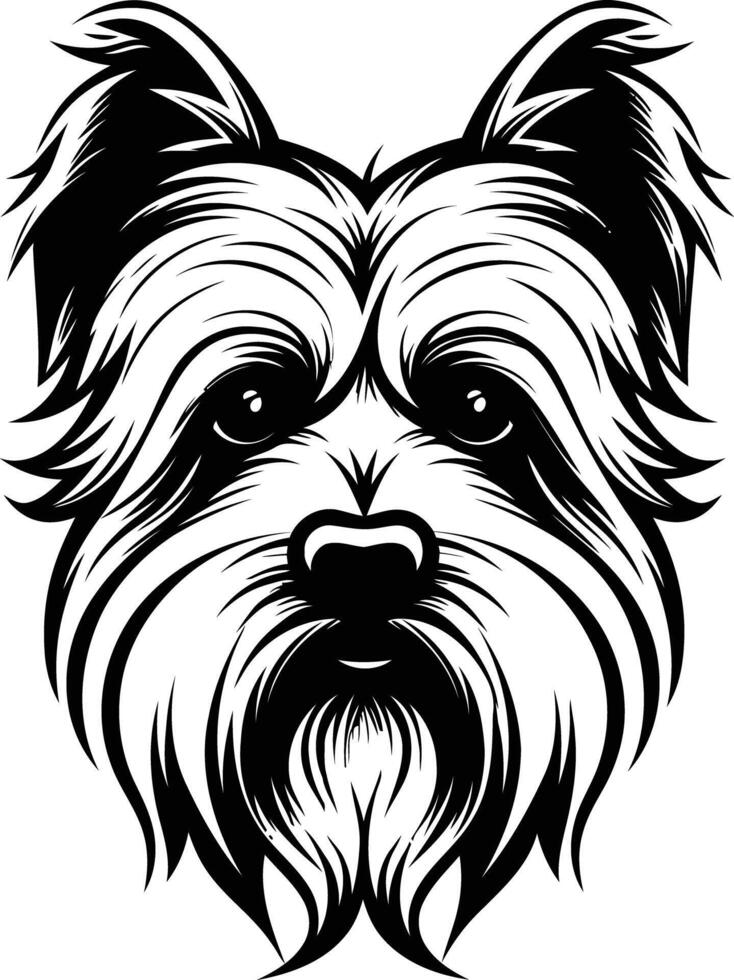 A striking black and white illustration of a yorkshire terrier's face, perfect for pet related designs, logos, and social media vector