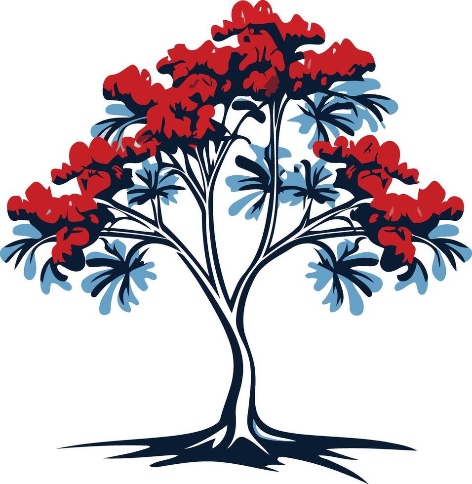 Stylized illustration of a tree with red blossoms and blue leaves, perfect for nature-inspired branding, logos, and website designs vector