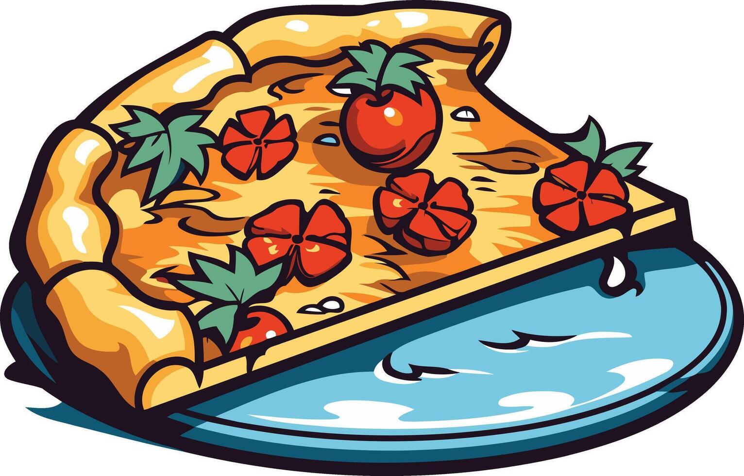 A delicious-looking slice of pizza with tomato toppings, dripping with melted cheese, on a blue plate vector