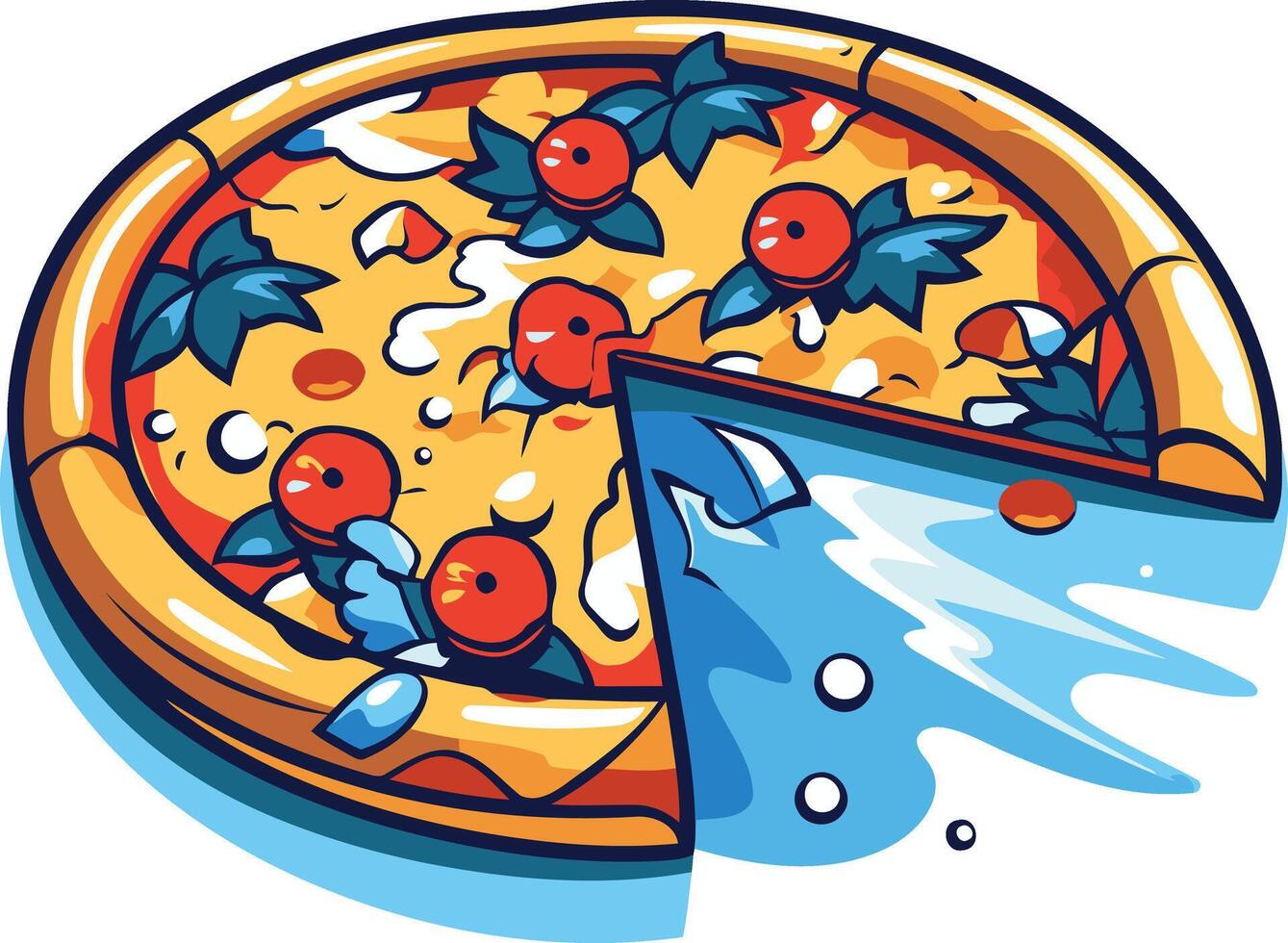 A fun and vibrant illustration of a pizza with a slice missing, perfect for restaurant menus, social media, or food-related designs vector