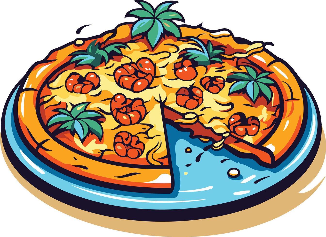 A delicious-looking pizza with shrimp and pineapple, a slice missing, perfect for showcasing your restaurant's menu or promoting a food blog vector