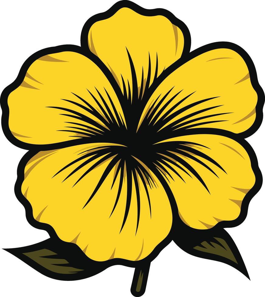 A vibrant yellow hibiscus flower with black outline and green leaves, perfect for tropical designs, summer themes, or floral motifs vector