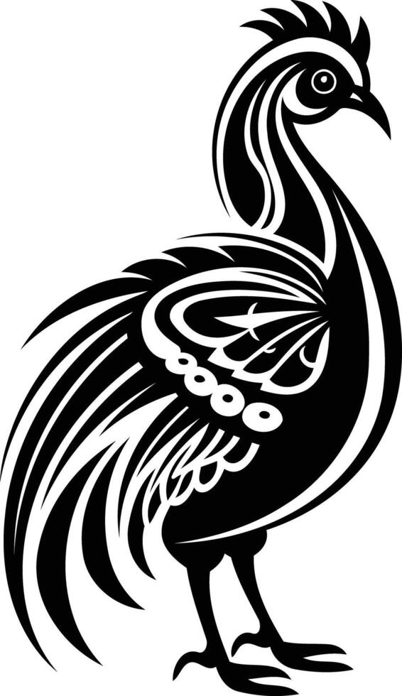 Stylish black and white illustration of a rooster in a tribal design vector