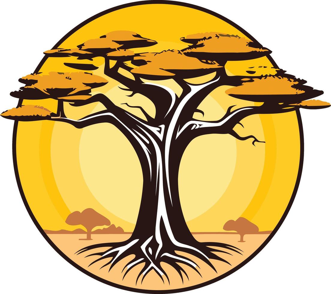 A stylized silhouette of a majestic acacia tree in a circular frame with a sunset backdrop vector