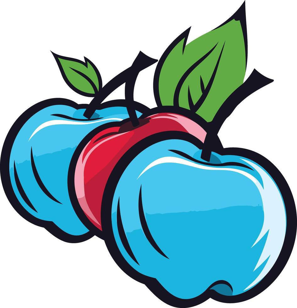 Fun, cartoon style illustration of three apples two blue and one red perfect for branding, packaging, or creating a playful vibe vector