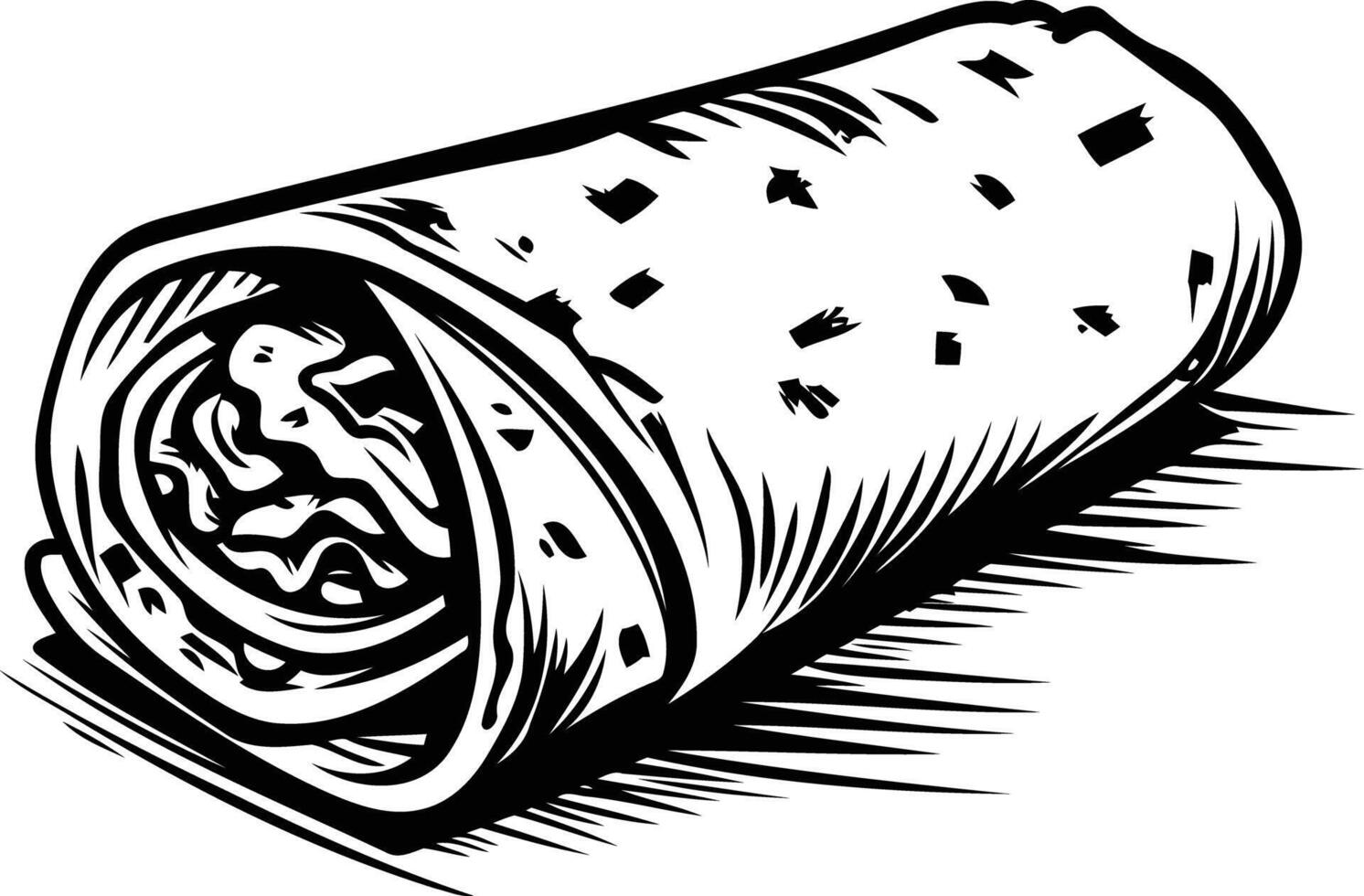 A hand-drawn black and white illustration of a burrito, perfect for restaurant menus, food blogs, and social media vector