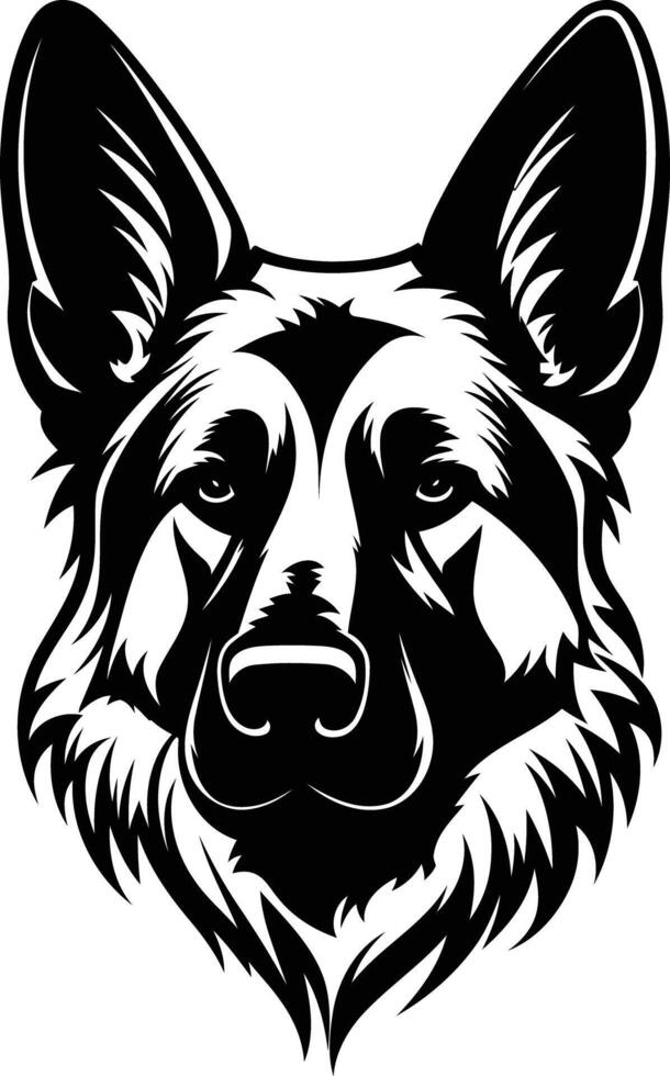 A powerful and fierce black and white illustration of a german shepherd's head vector