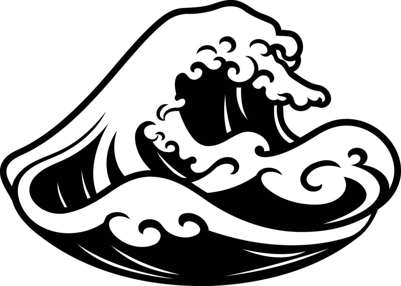 A bold, black and white illustration of a crashing wave, perfect for tattoo designs, surf culture, or nautical themes vector