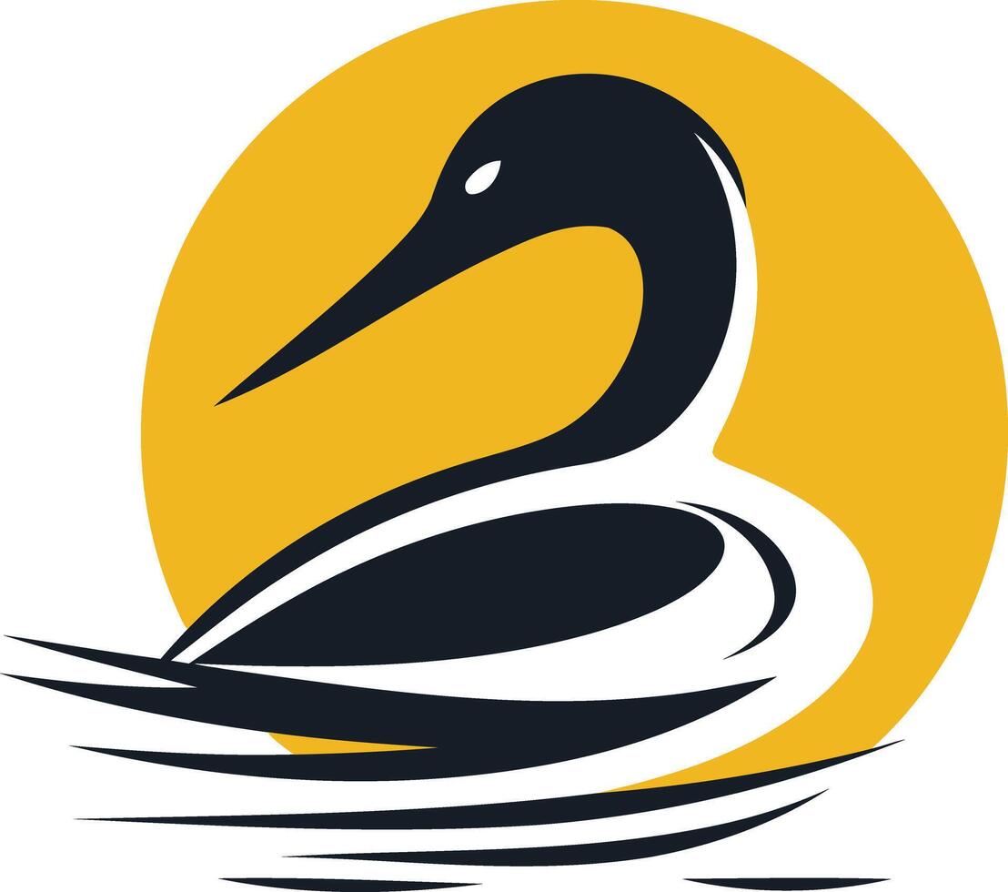 A stylized silhouette of a duck swimming on a yellow circle, representing nature, peace, and tranquility vector
