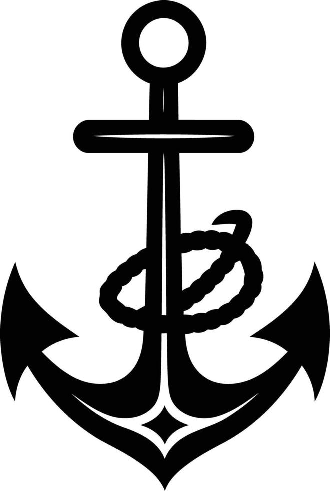 Simple black and white illustration of an anchor with rope vector