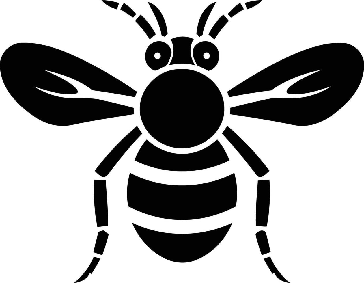 A simple, bold silhouette of a bee in black and white vector