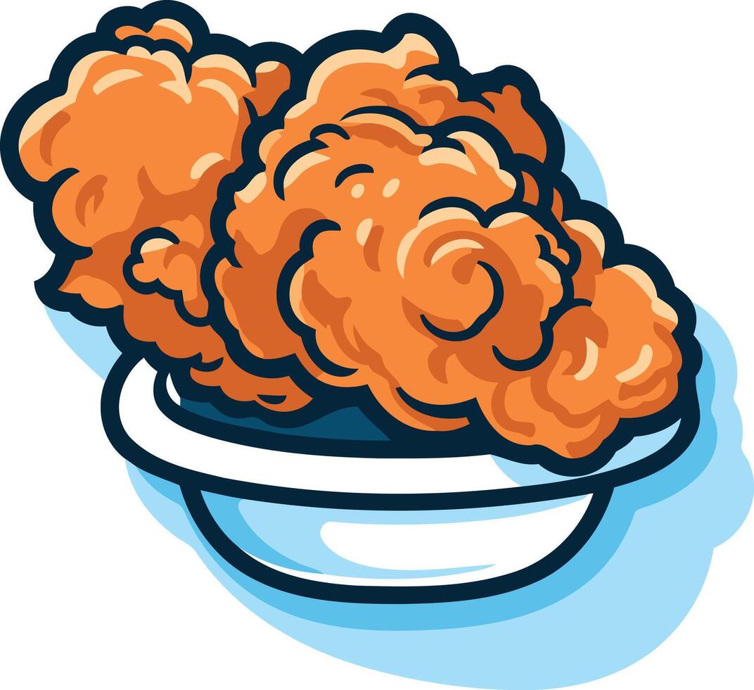 Cartoon illustration of two crispy fried chicken drumsticks in a bowl vector