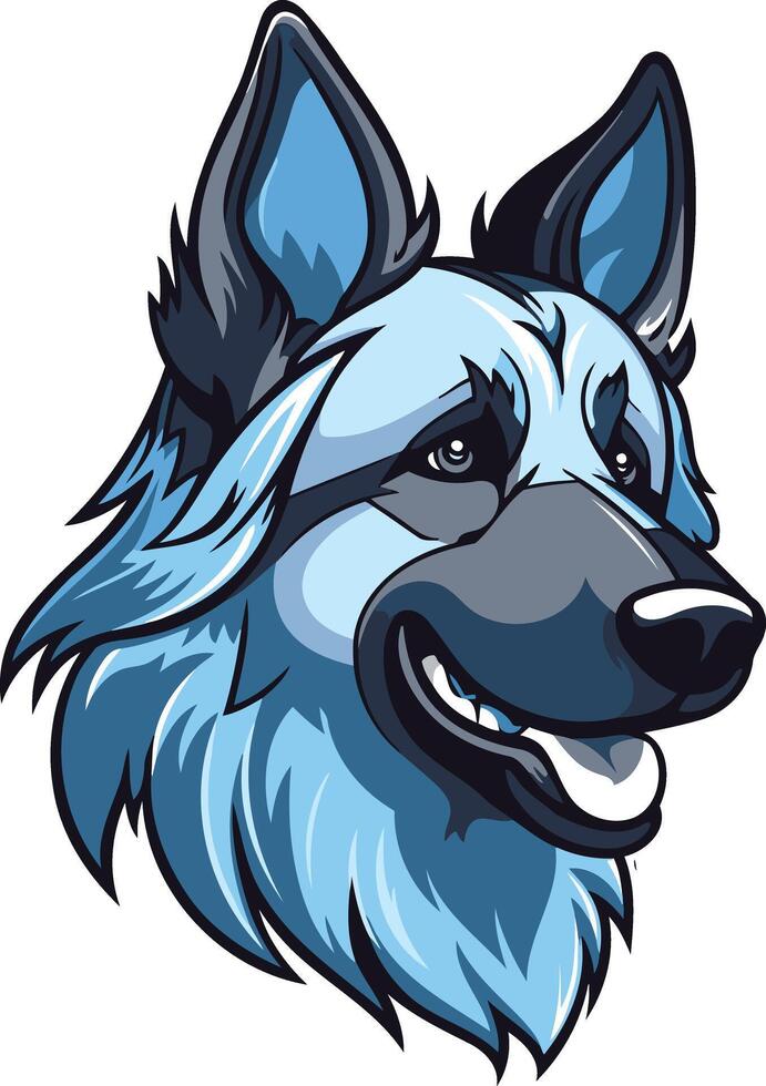A friendly, cartoon-style german shepherd head with blue fur and a happy expression vector