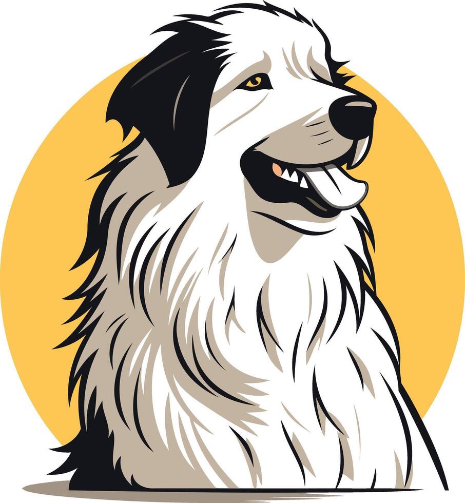 A friendly great pyrenees dog, with a warm yellow sun behind it, making it perfect for pet businesses, dog products, and animal lover branding vector