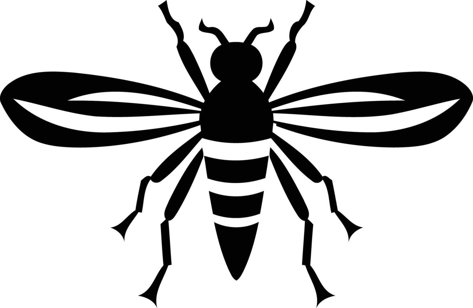 A simple, bold black silhouette of a bee with outstretched wings vector