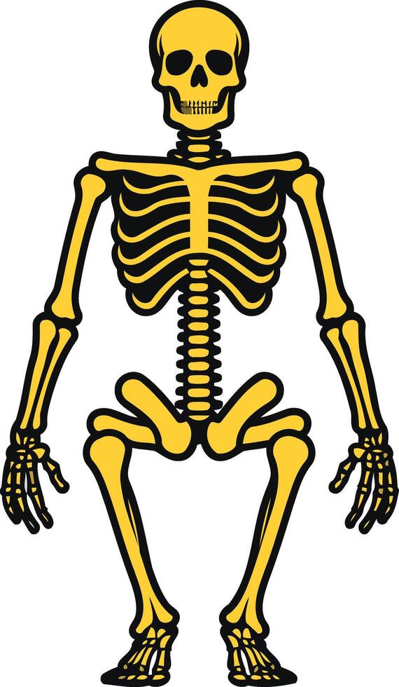 A simple, cartoon-style illustration of a yellow human skeleton standing with its arms raised vector