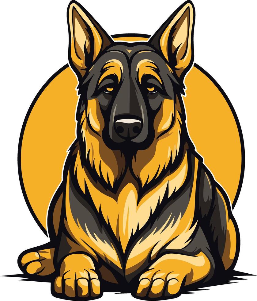 A proud german shepherd sits in front of a golden circle, showcasing its loyalty and strength vector