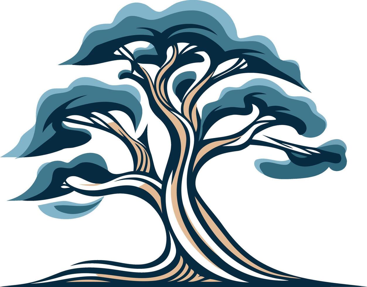 Stylized illustration of a twisted, ancient tree with blue foliage, perfect for nature themed designs and logos vector