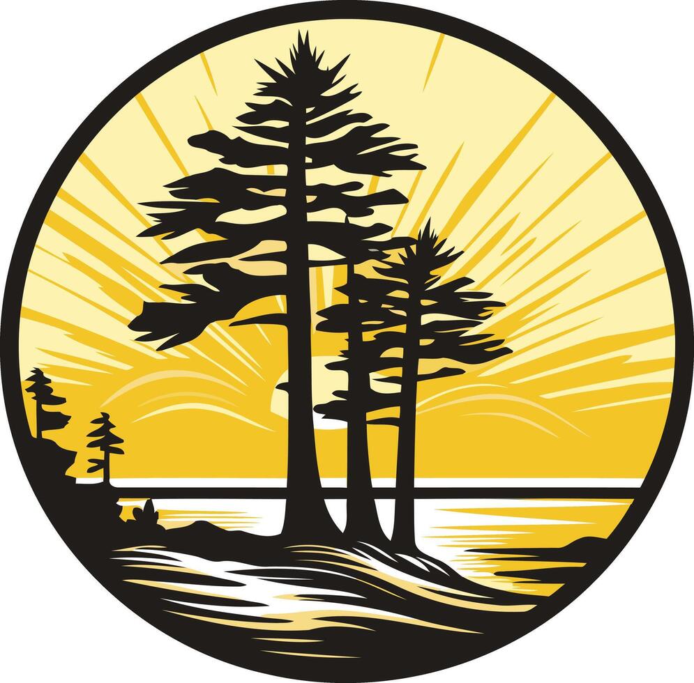 A circular logo featuring a silhouette of three tall pine trees by a lake at sunset vector
