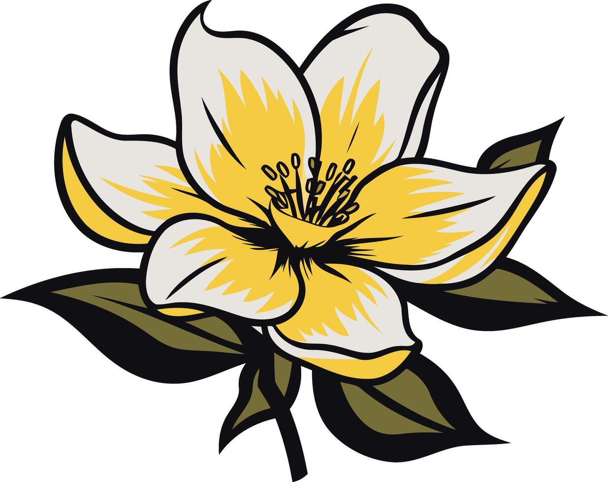 A delicate, hand-drawn illustration of a single white and yellow blossom with green leaves vector