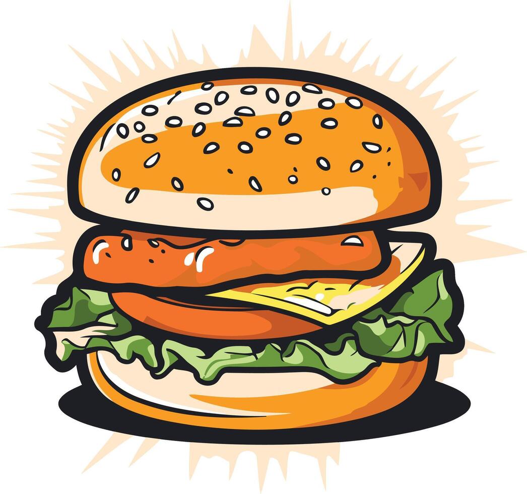 A juicy, cartoon style hamburger with all the fixings vector