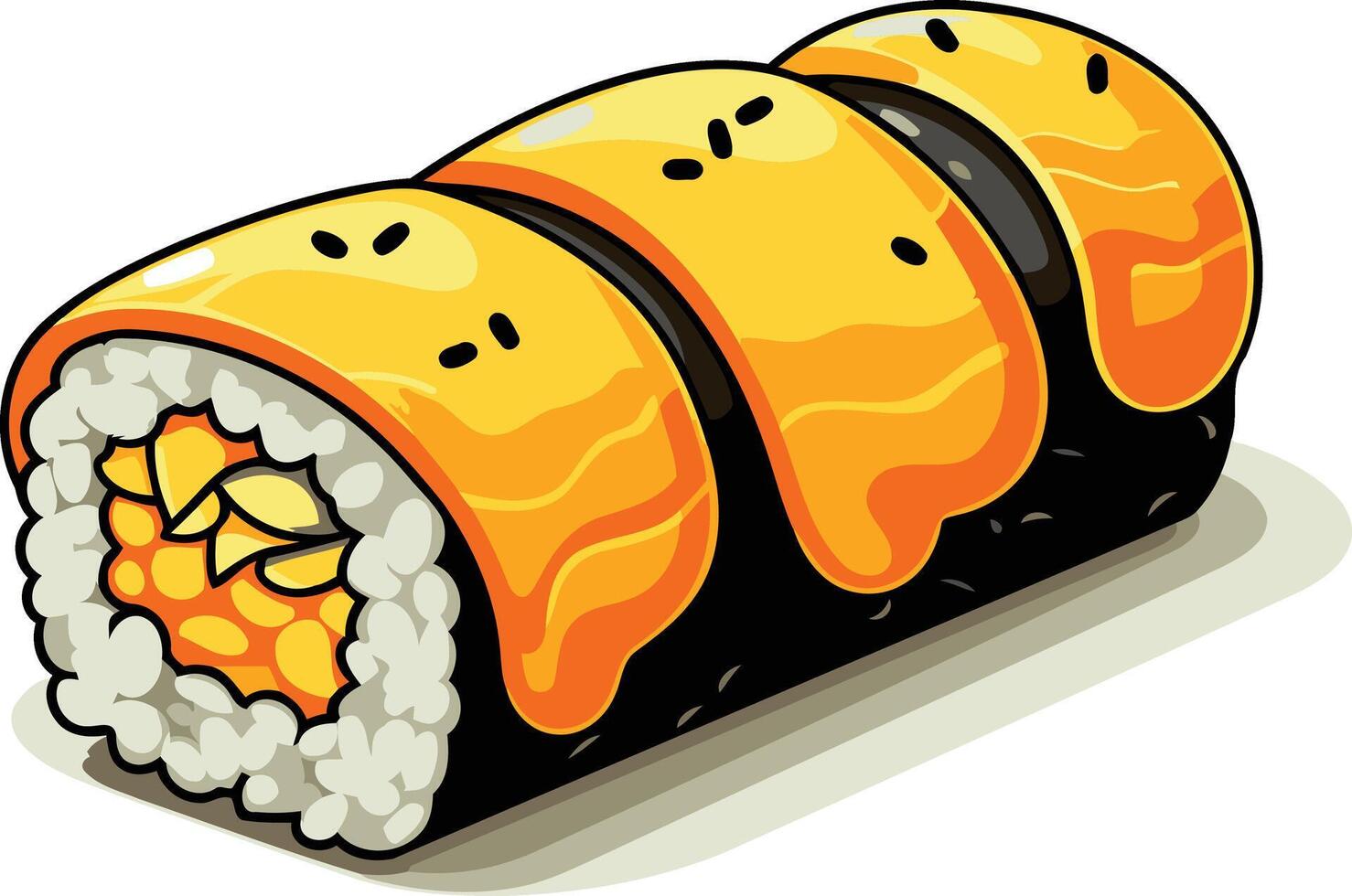 A delicious-looking cartoon illustration of a sushi roll topped with a creamy, yellow sauce and black sesame seeds vector