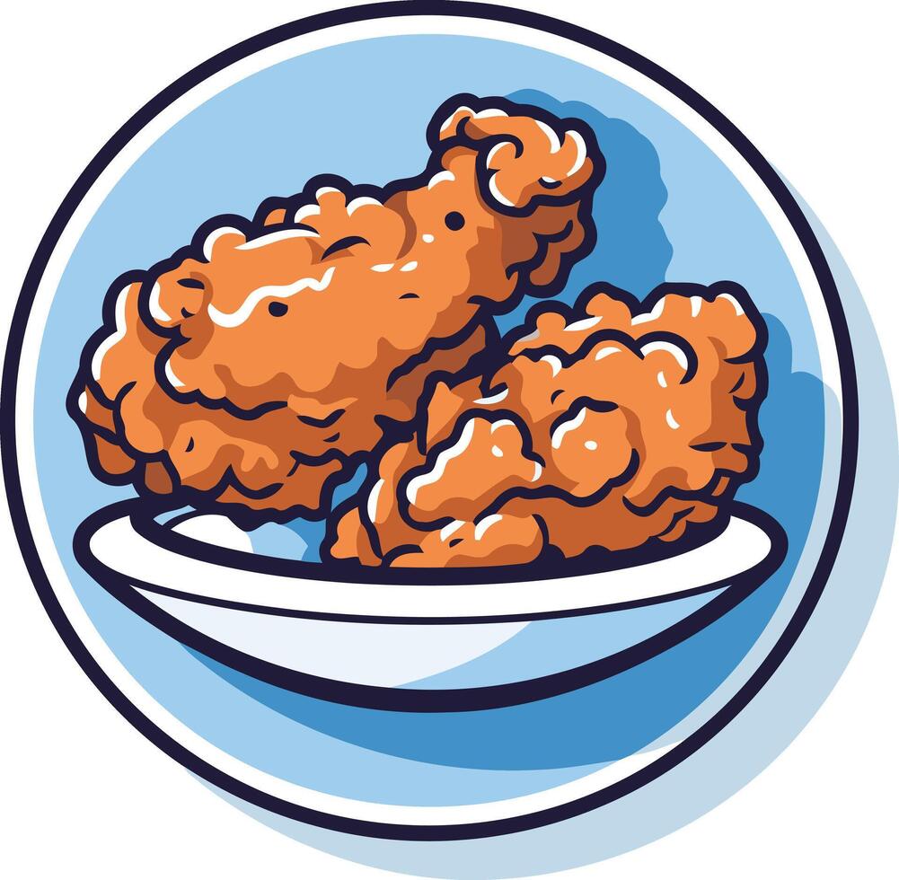 Cute cartoon illustration of two fried chicken drumsticks on a plate, perfect for food blogs, restaurant menus, and social media posts vector
