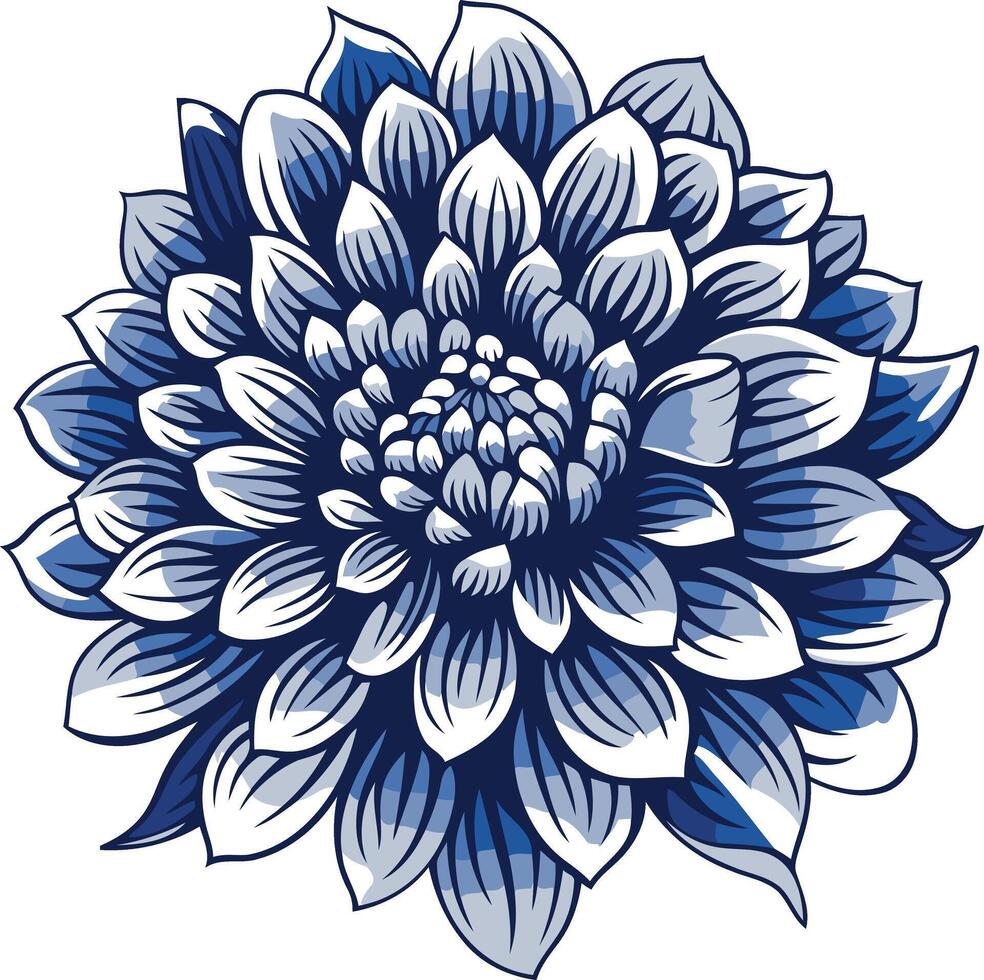 A beautiful blue and white stylized illustration of a dahlia flower vector