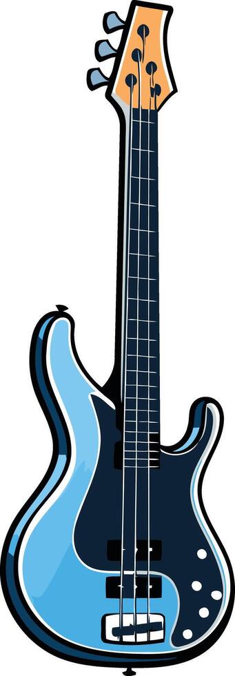 A cartoon illustration of a blue and black bass guitar, perfect for music-related projects, posters, and branding vector