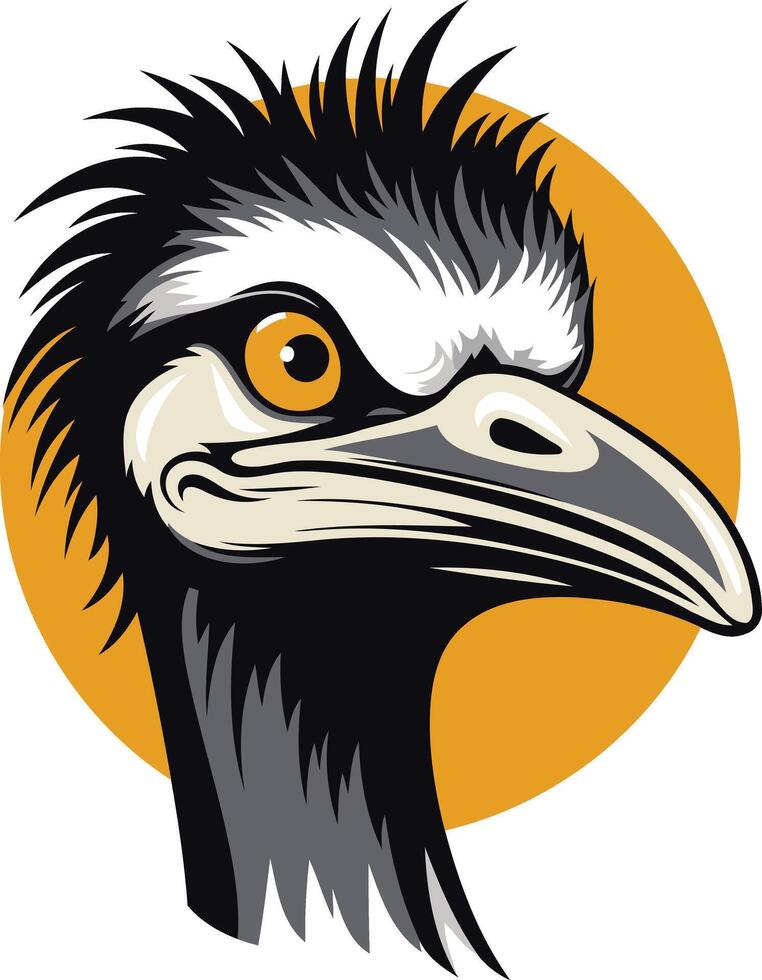 A close-up illustration of an emu's head, set against a yellow circle vector