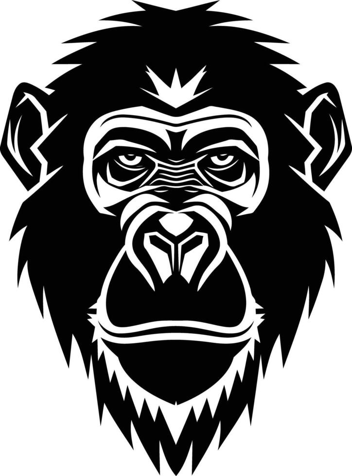 A powerful and fierce black and white illustration of a chimpanzee's face, perfect for creating logos, t shirts, and branding for businesses or individuals seeking a bold and captivating image vector