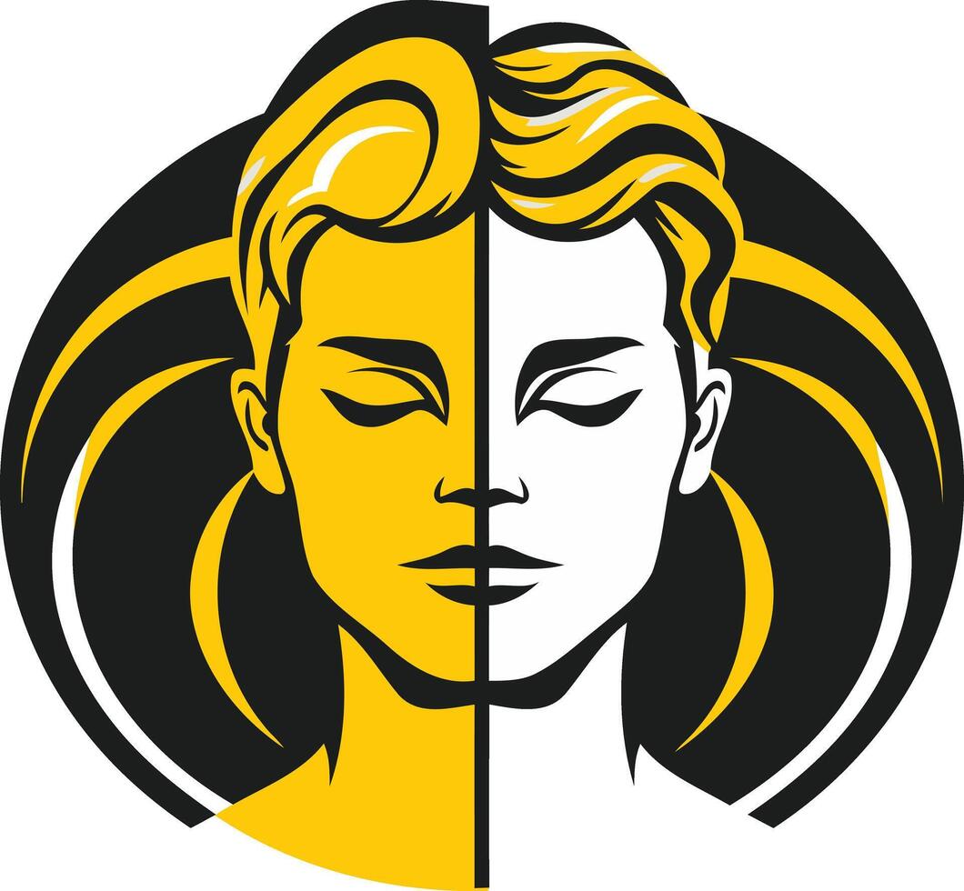 A minimalist logo depicting a stylized human face split in half, with one side in yellow and the other in white vector