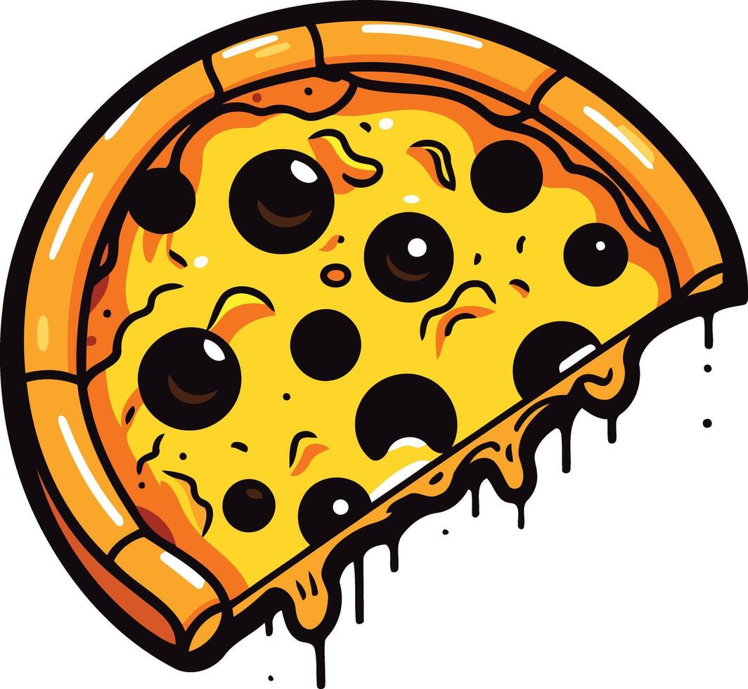 A delicious cartoon pizza with a slice missing, dripping with cheese vector
