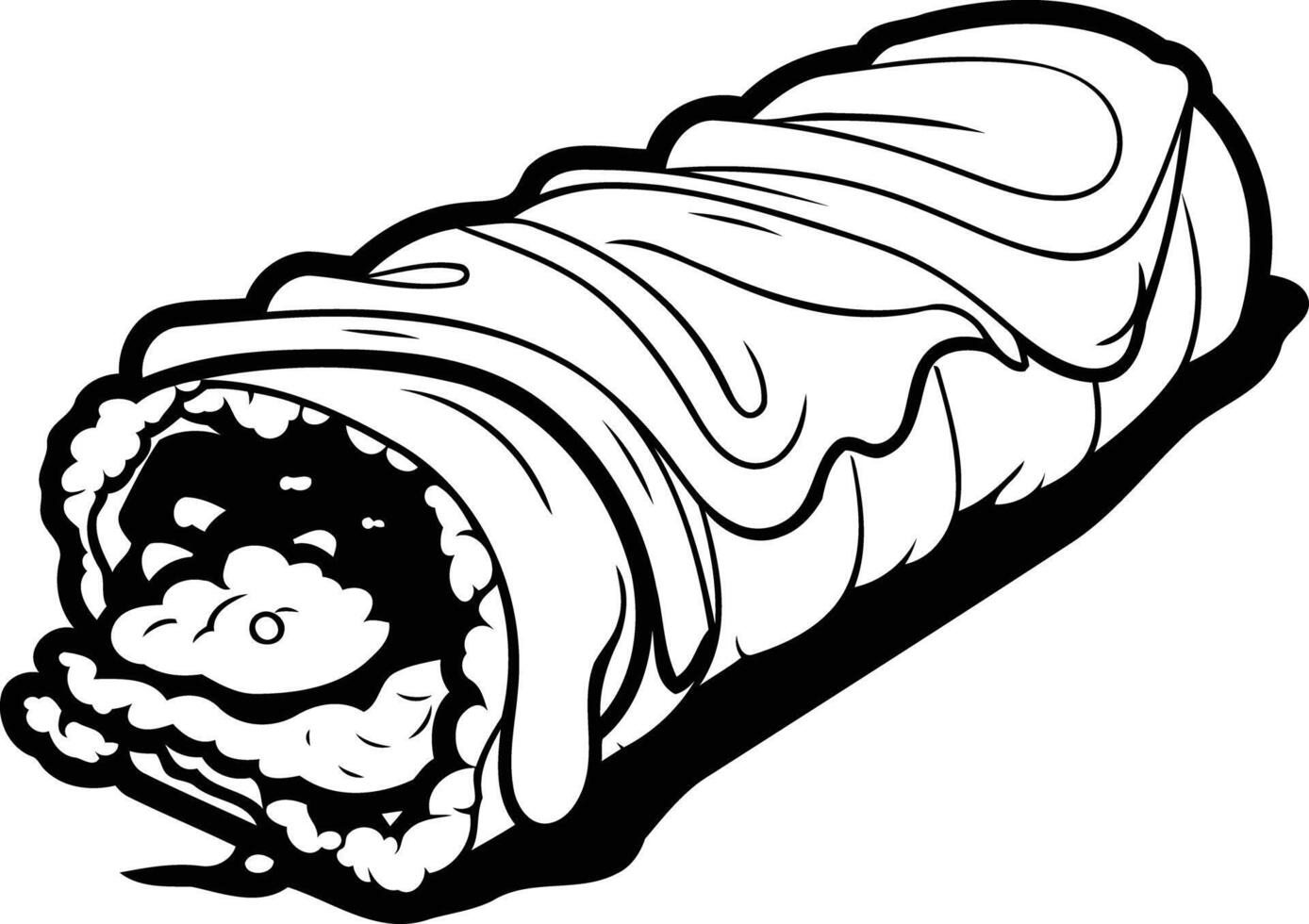 A cartoon illustration of a burrito, in black and white, with a simple, fun style vector