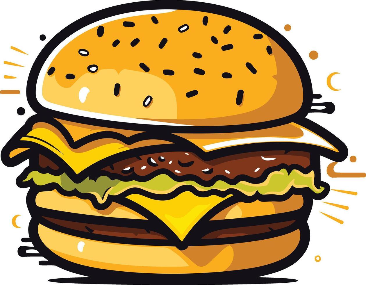 A delicious cartoon burger with cheese, lettuce, and a sesame seed bun vector