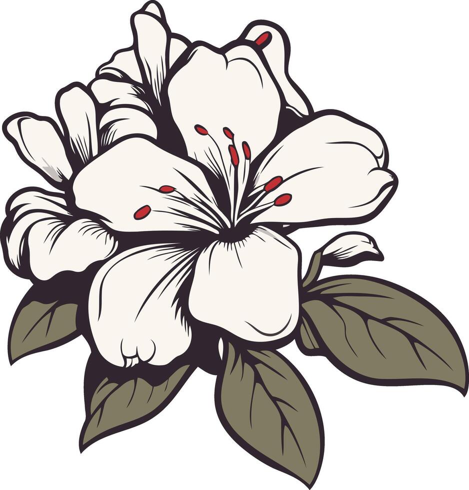 Elegant white flower with red accents and green leaves, perfect for floral designs, branding, and stationery vector