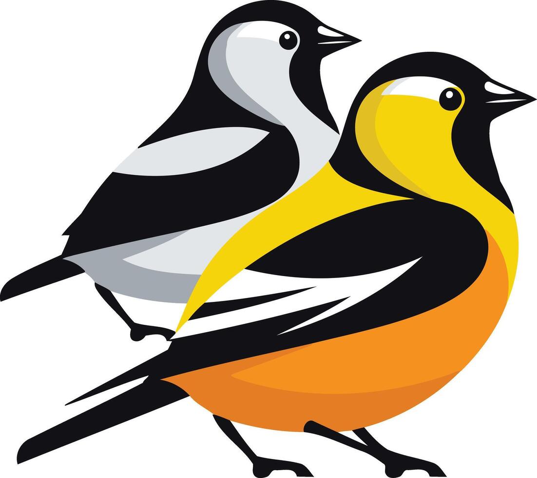 Two colorful birds, one black, white, and gray, the other yellow, orange, and black, side by side, symbolizing unity, friendship, or partnership vector