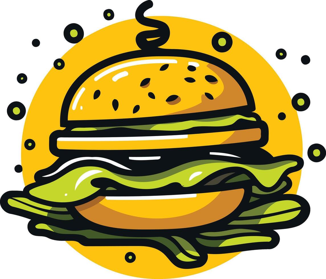 A cartoon illustration of a delicious burger with vibrant colors and a fun, playful style vector