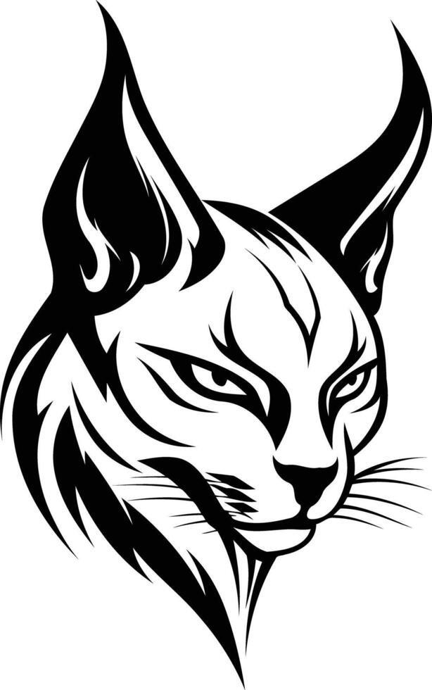A bold and striking black and white illustration of a bobcat's head, ideal for tattoo designs, logo concepts, and animal-themed illustrations vector
