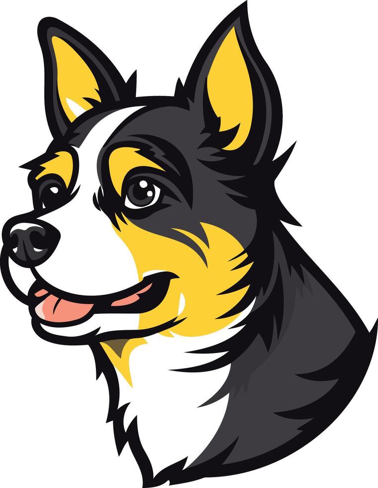 Cute cartoon illustration of a black, white and yellow dog with a friendly expression vector