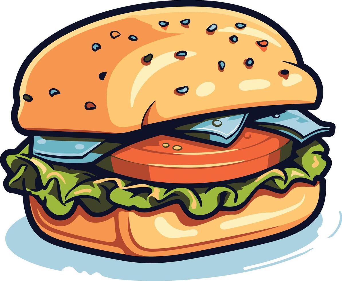 A juicy, cartoon style burger with a fresh tomato, lettuce, and sesame seed bun vector
