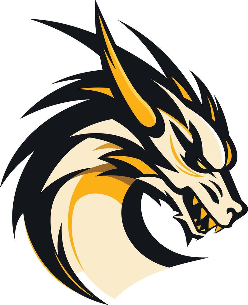 Fierce and stylized dragon head logo with black, yellow, and white color scheme vector