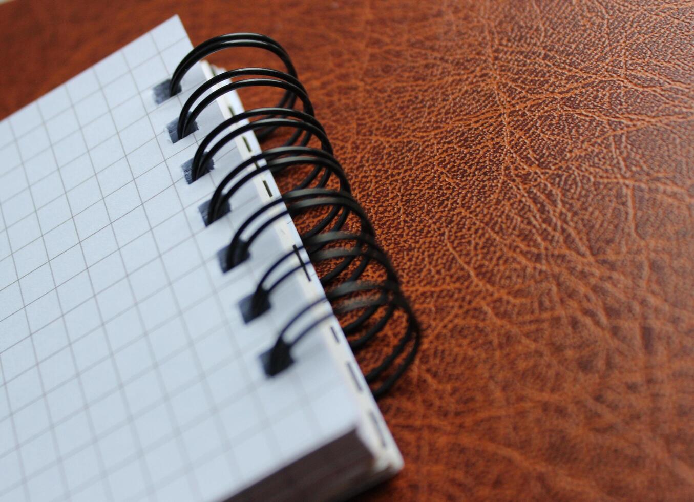 First Page Of Spiral Checkered Notebook On Expensive Leather Macro Shot Photo