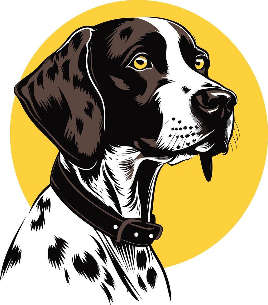 A handsome, black and white, hunting dog with a bright yellow background vector