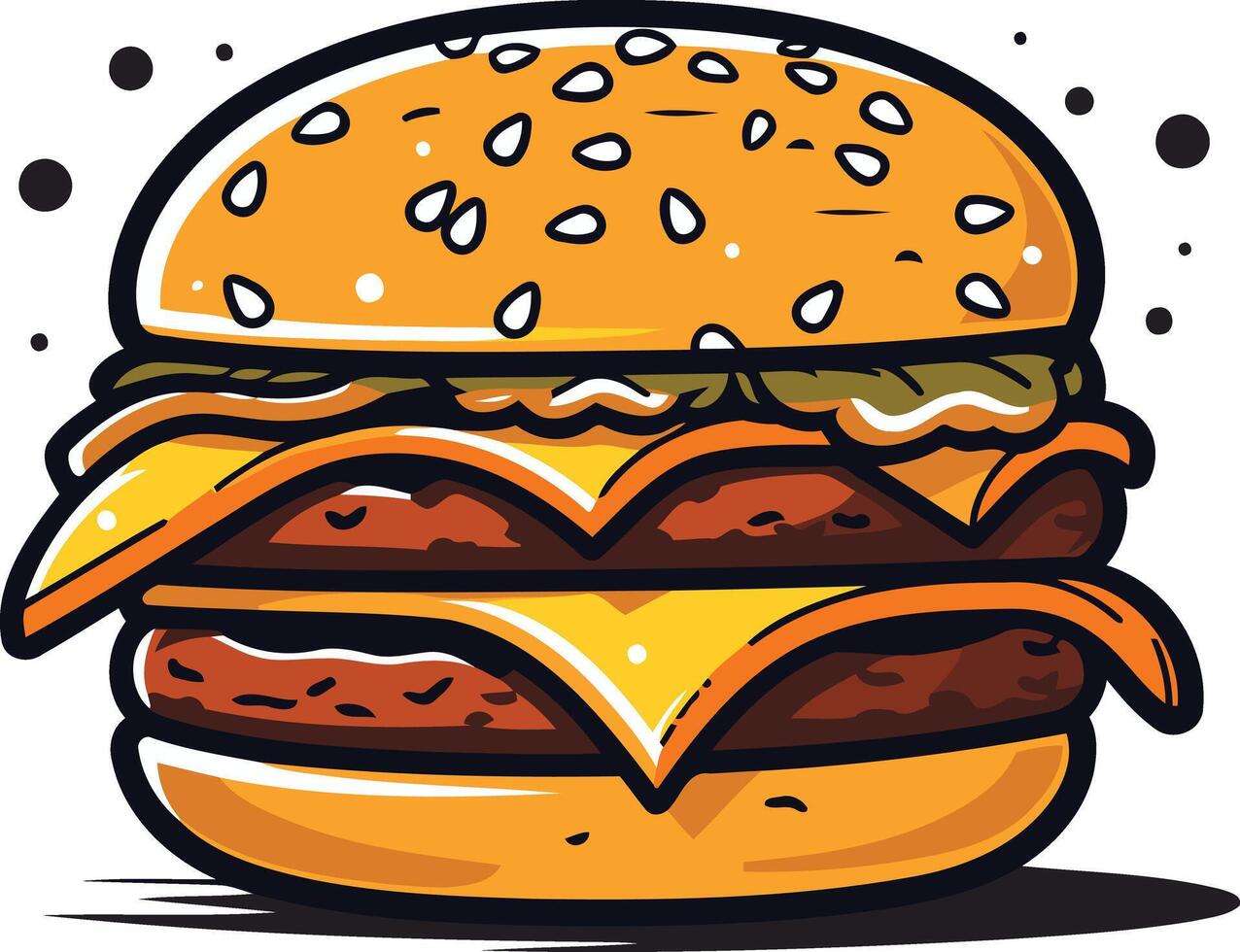 A cartoon illustration of a delicious double cheeseburger with sesame seed bun vector