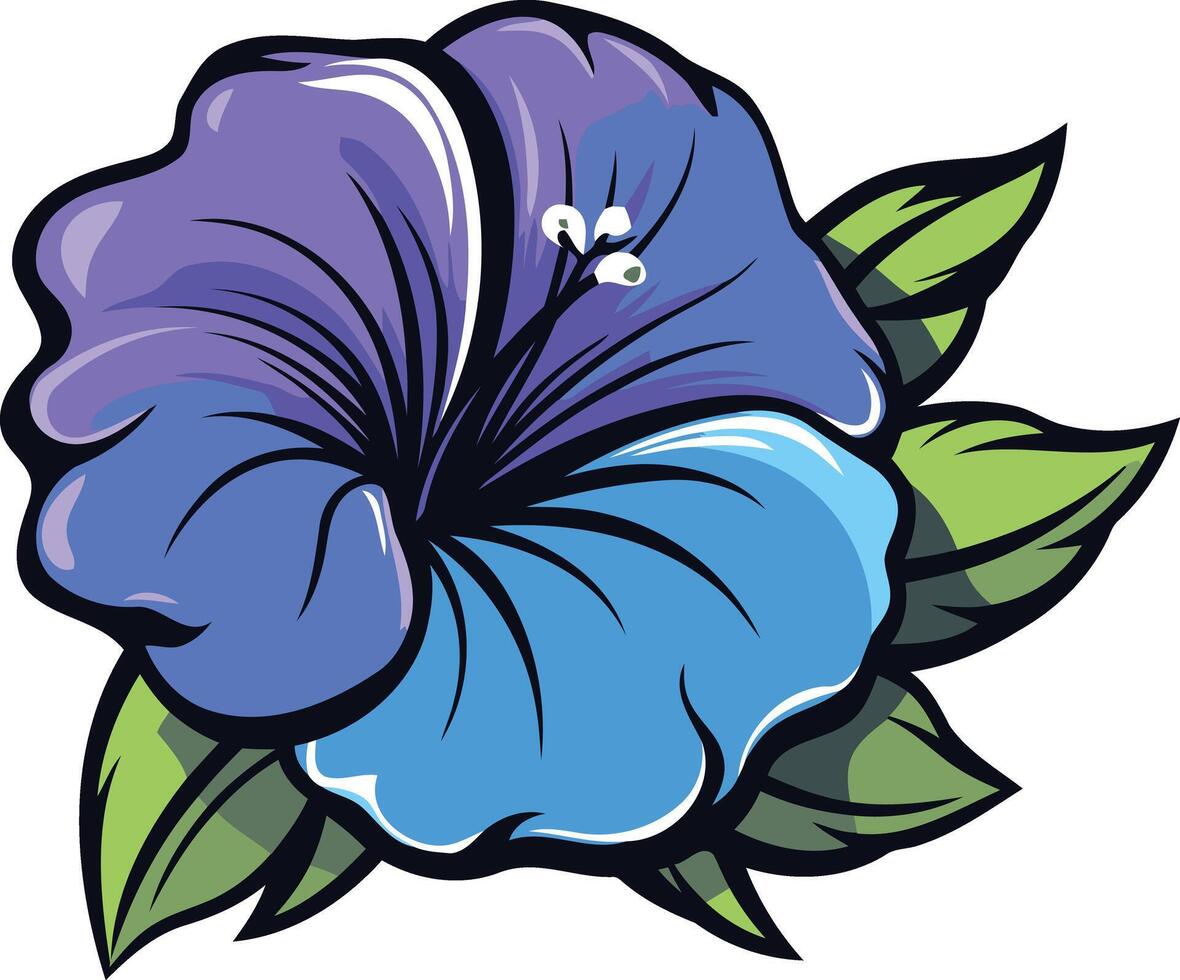 Cartoon Blue and Purple Flower with Green Leaves vector