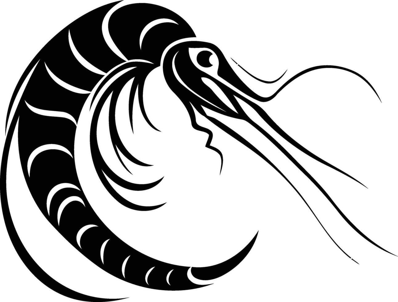 Stylized black and white illustration of a shrimp, perfect for tattoo designs, seafood menus, or aquatic-themed projects vector