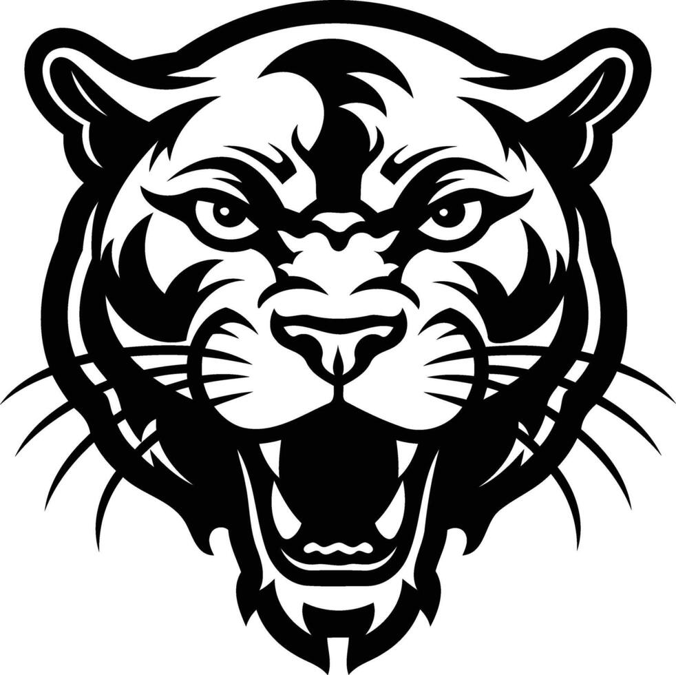 A fierce and powerful black and white illustration of a snarling panther head, perfect for sports team logos, tattoos, and other designs vector