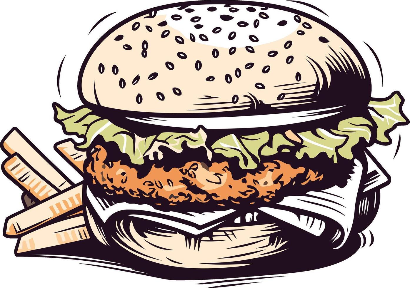 A delicious hand-drawn illustration of a juicy burger and crispy fries, perfect for menu design, food blogs, and social media posts vector