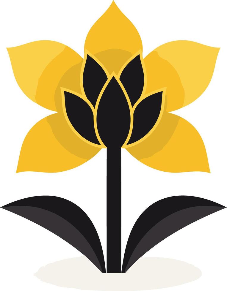 Stylized Yellow Flower with Black Stem and Leaves vector